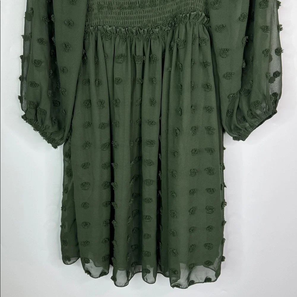 BTFBM Green Square Neck Smocked Swiss Dot Mini Boho Dress Size Small